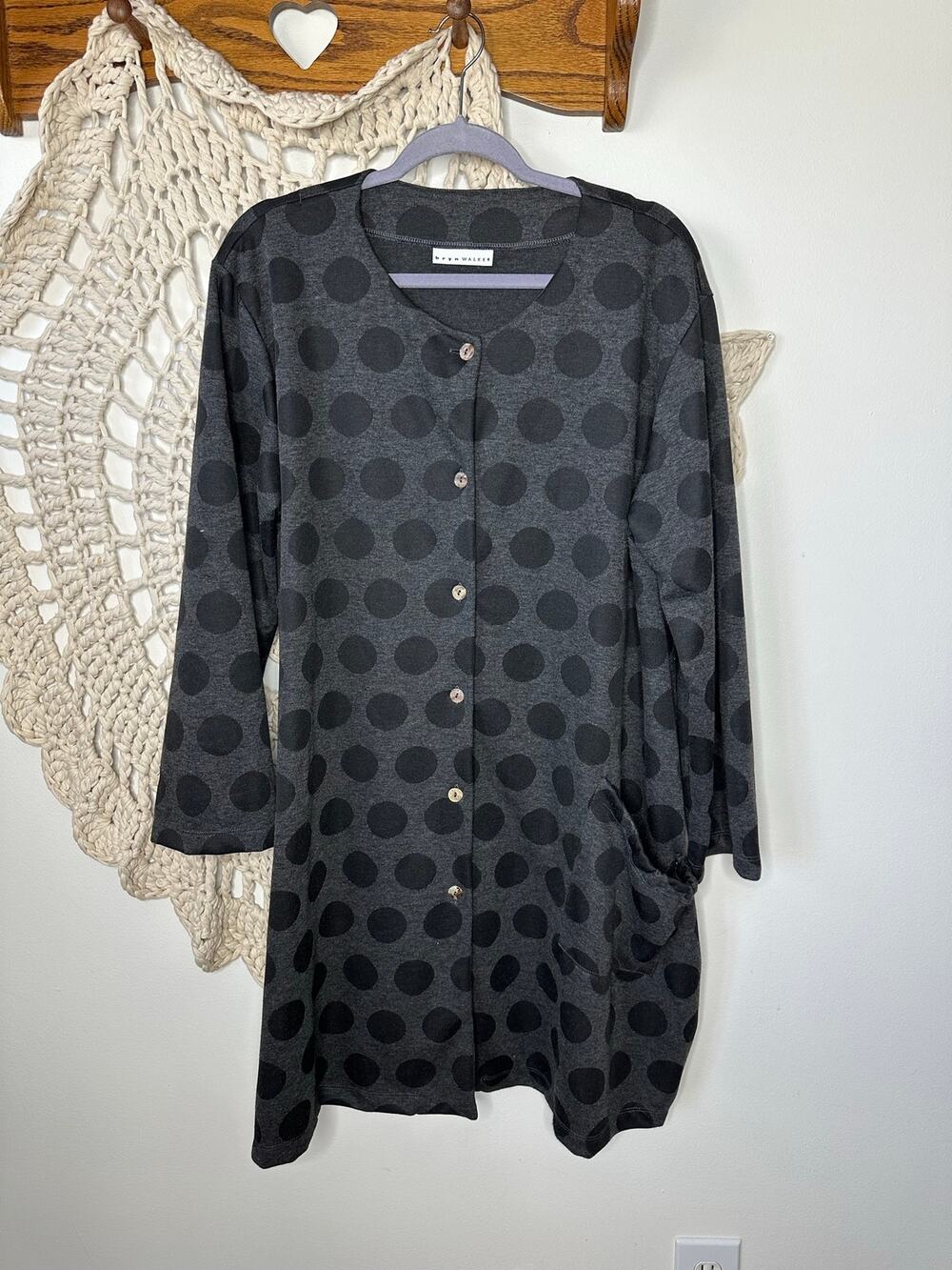 Bryn Walker Gray Black Polka Dot Lagenlook Longline Cardigan Jacket Medium